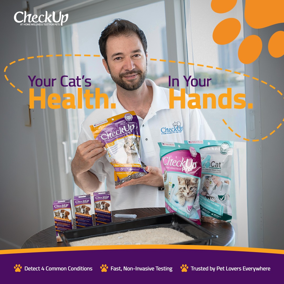 Man holding a CheckUp cat test pouch beside kit boxes and a litter tray, under the headline Your cat's health. In your hands.